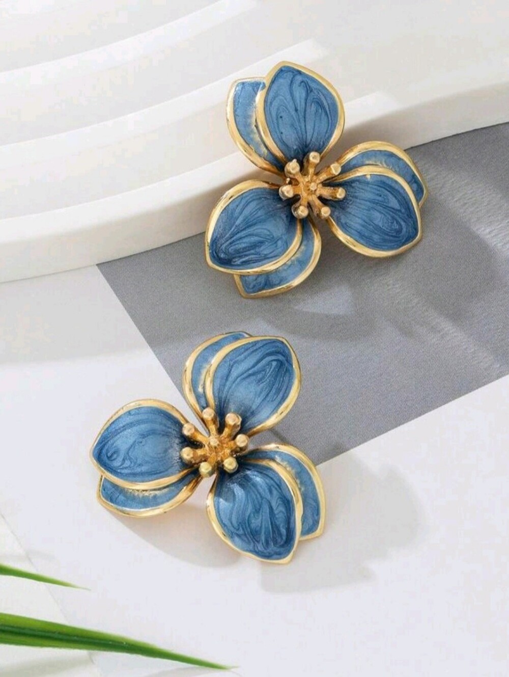 Blue Enamel Floral Stud Earrings - Gold Trim